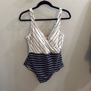 Kona Sol Navy and White Striped One Piece Swimsuit